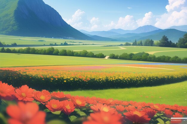 A field of flowers with a mountain in the background