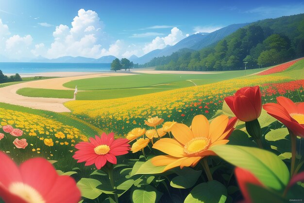 A field of flowers with a mountain in the background