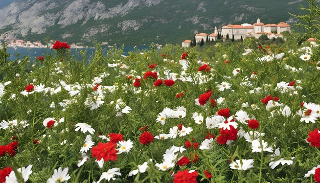 a field of flowers with a mountain in the background