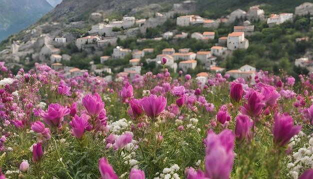 Photo a field of flowers with a mountain in the background