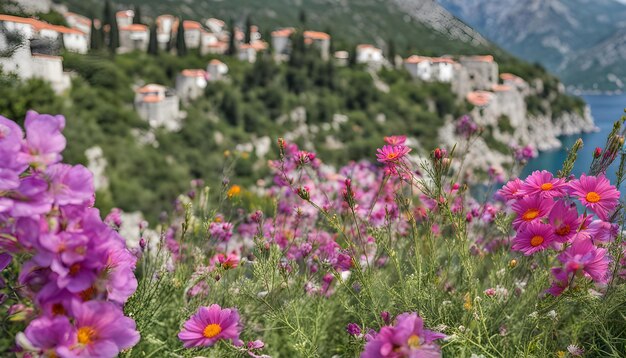 Photo a field of flowers with a mountain in the background