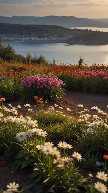 a field of flowers with a mountain and ocean in background