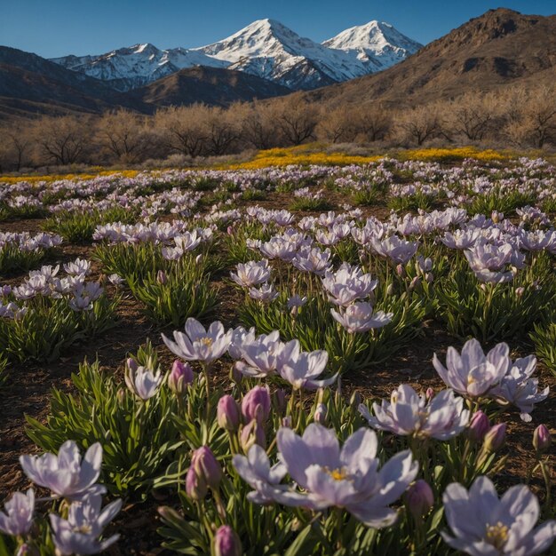 a field of flowers with mountains in the background