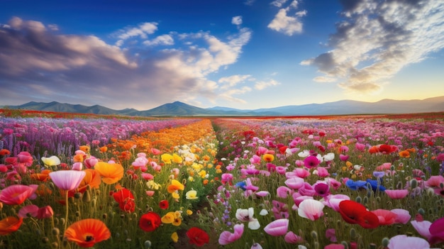 a field of flowers with mountains in the background