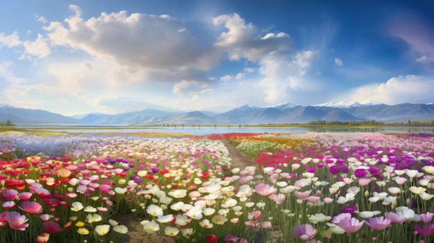 a field of flowers with mountains in the background