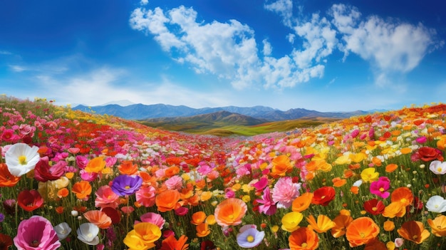 Поле цветов на фоне гор