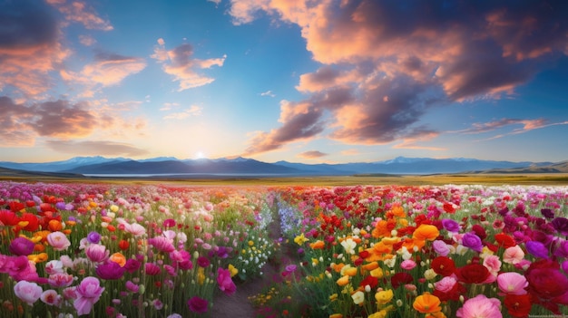 a field of flowers with mountains in the background