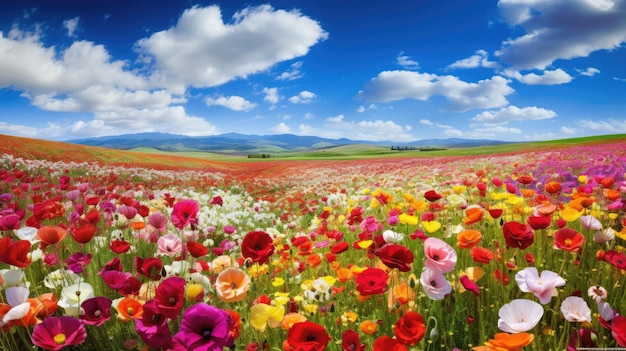 a field of flowers with mountains in the background