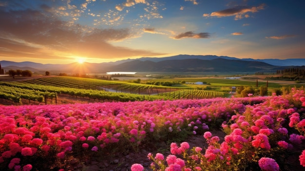 a field of flowers with mountains in the background