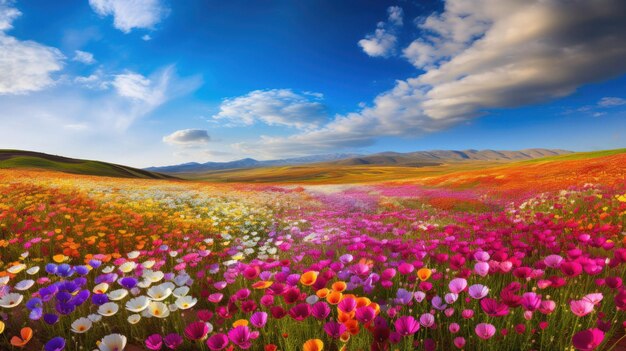 a field of flowers with mountains in the background