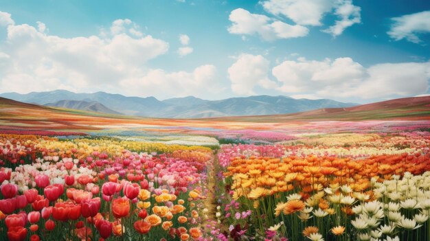 a field of flowers with mountains in the background.