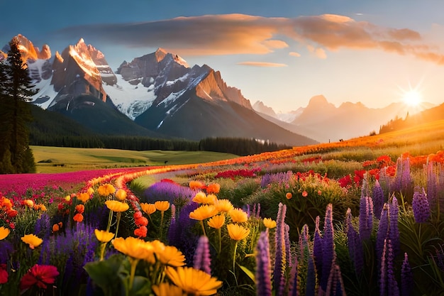 a field of flowers with mountains in the background.