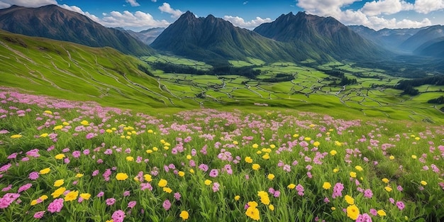 A field of flowers with mountains in the background