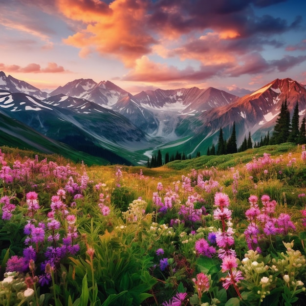 A field of flowers with mountains in the background