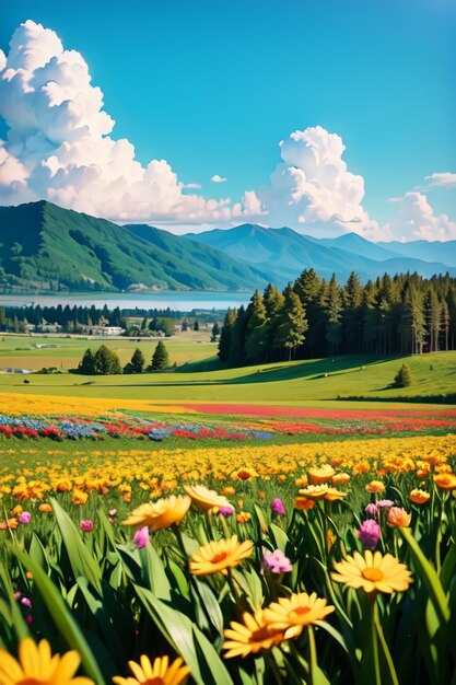 A field of flowers with mountains in the background