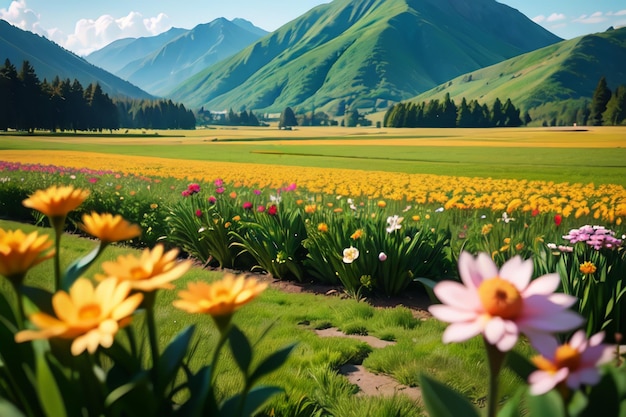 A field of flowers with mountains in the background