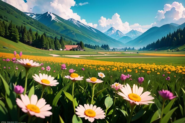 A field of flowers with mountains in the background