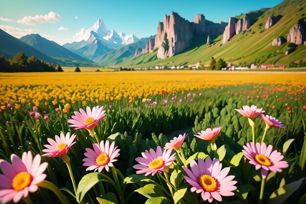 A field of flowers with mountains in the background