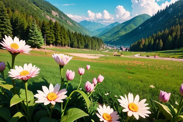 A field of flowers with mountains in the background