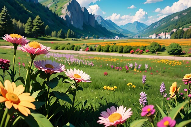 A field of flowers with mountains in the background