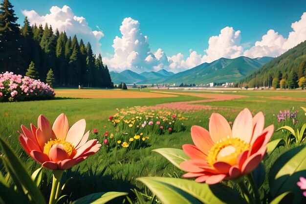 A field of flowers with mountains in the background