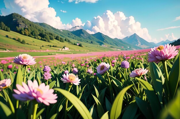 A field of flowers with mountains in the background