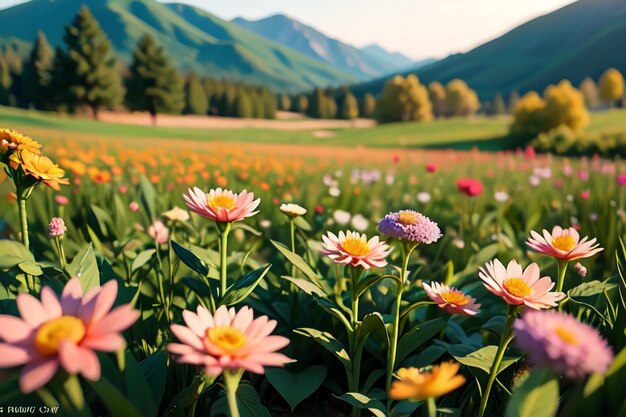 A field of flowers with mountains in the background