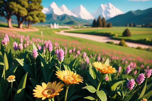 A field of flowers with mountains in the background