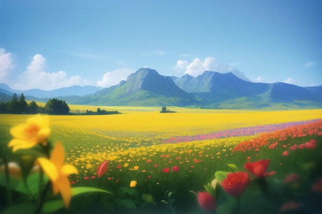 A field of flowers with mountains in the background