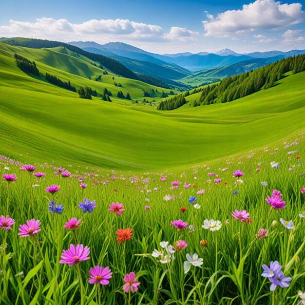 a field of flowers with mountains in the background