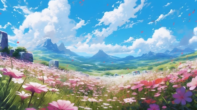 A field of flowers with mountains in the background