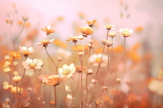 A field of flowers with a pink background