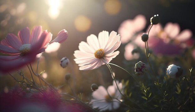 A field of flowers with a pink flower in the foreground