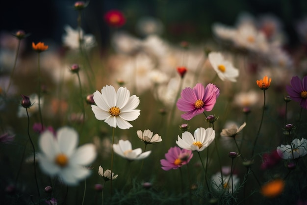 中央にピンクの花がある花畑の生成 ai