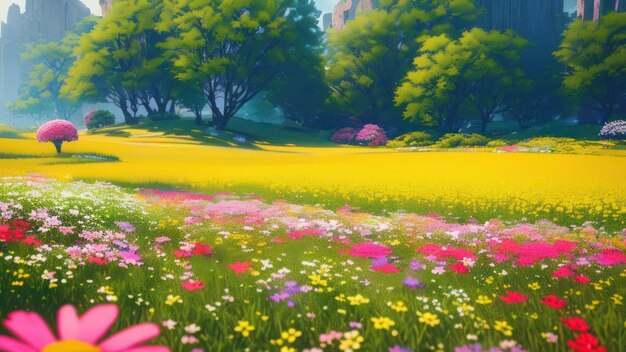 A field of flowers with a pink flower in the middle