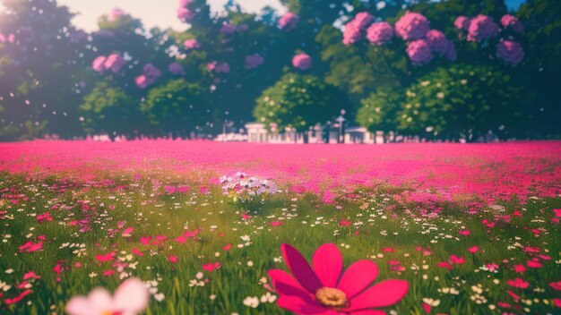 Photo a field of flowers with a pink flower in the middle