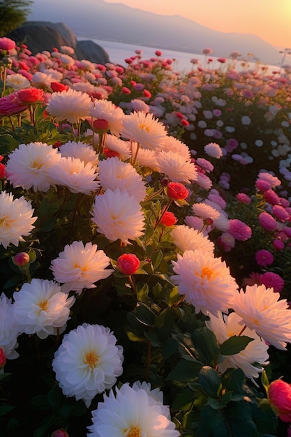 A field of flowers with a pink and white flower in the background.