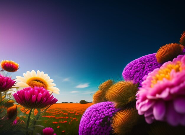 a field of flowers with a purple sky in the background