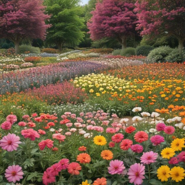 Photo a field of flowers with a rainbow in the middle