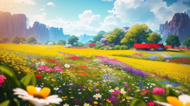 A field of flowers with a red bridge in the background