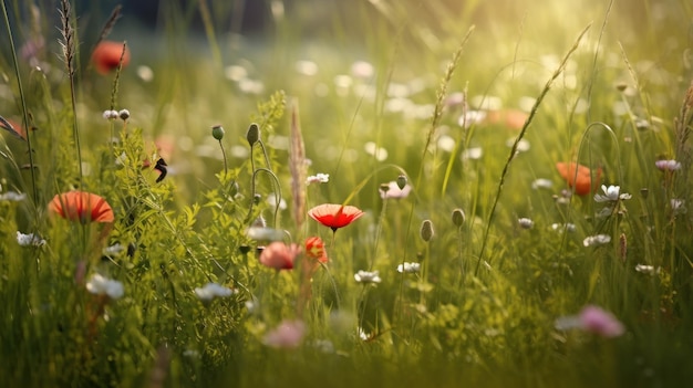 A field of flowers with a red poppy in the foreground