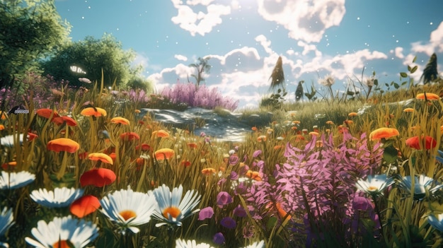 A field of flowers with a sky background