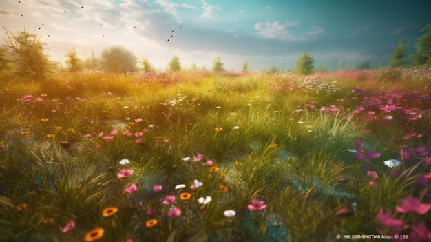 A field of flowers with a sky background