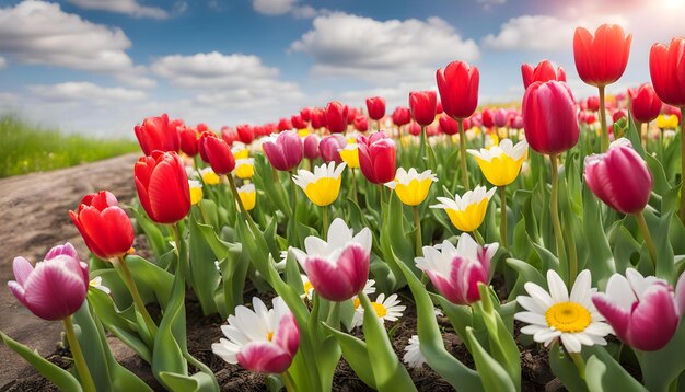 a field of flowers with a sky in the background