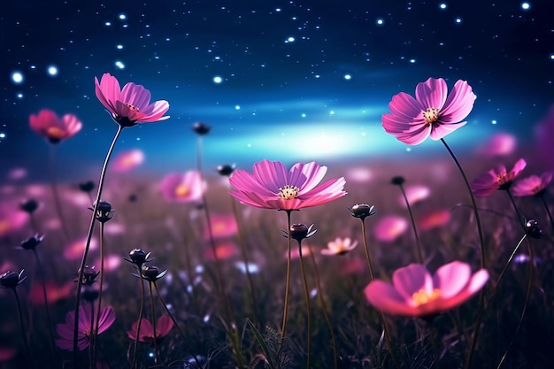 A field of flowers with a starry sky in the background.