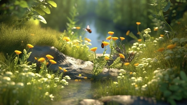 A field of flowers with a stream in the background