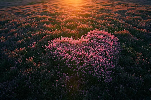 夕日を背景にした花畑