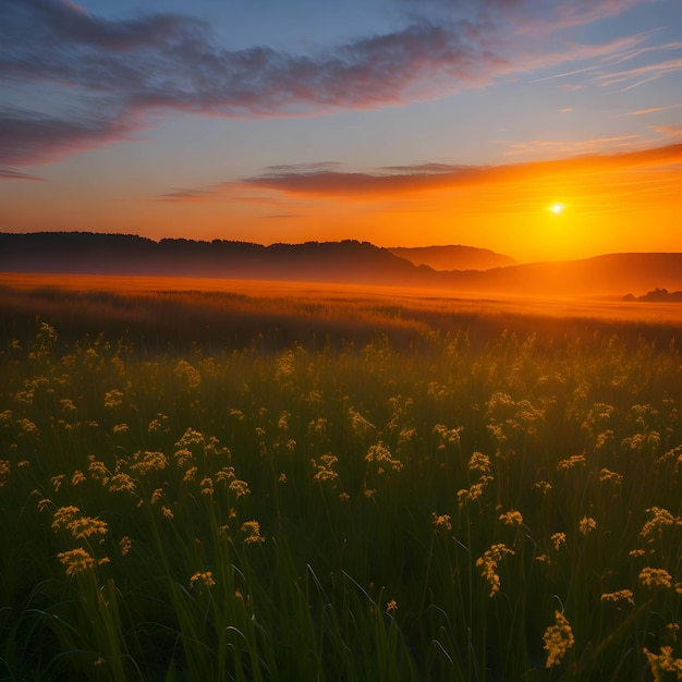 A field of flowers with the sun setting behind it