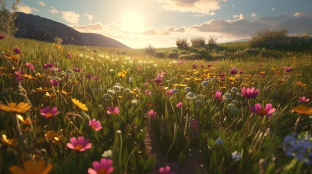 A field of flowers with the sun setting behind it