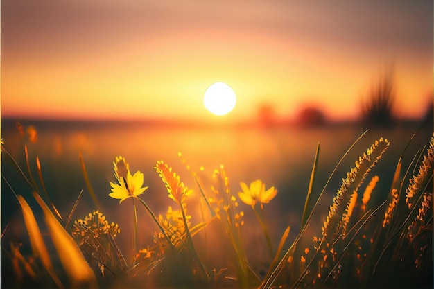 A field of flowers with the sun setting behind it